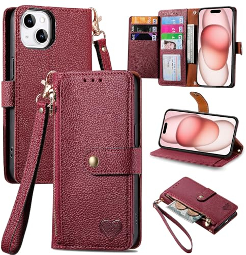 VEEMOS Handyhülle für Apple iPhone 15 Hülle Klappbar Klapphülle Schutzhülle mit Kartenfach RFID Reißverschluss Handy Tasche Leder Flip Case Cover Handytasche Frauen - Rot