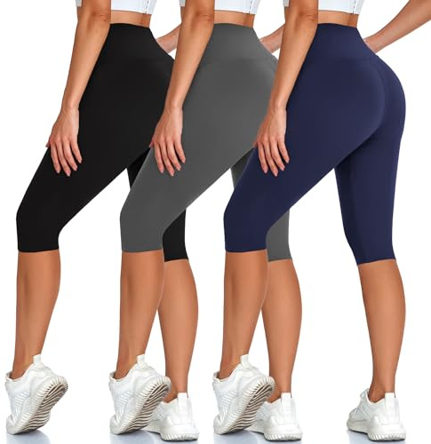 Hi Clasmix High Waisted 3 Pack Women's Capri Pants - Knee Length Yoga Shorts, Biker Workout Leggings for Women,Summer Activewear Black/Grey/Navy