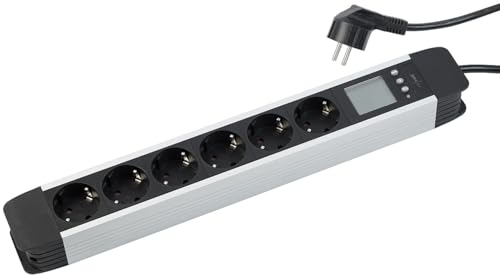 revolt Steckerleisten: 6-Fach-Alu-Steckdosenleiste mit Stromverbrauchszähler und LCD-Display (Steckdosenleiste mit Stromzähler, Strom Verbrauch Messer Zähler, Tischsteckdose)