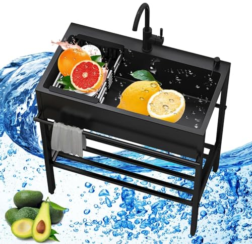 Fregadero De Acero Inoxidable, Fregadero De Cocina Independiente Negro, Fregadero Portatil Con Grifo, Fregadero Industrial Profesional Independiente Con Patas Ajustables, Para Jardín Interior Exterior