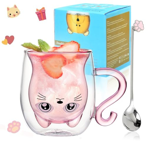 Geschenke für Frauen Doppelwandige Gläser Tasse mit Rosa Katze mit Henkel und Löffel Doppelwandige Kaffeetasse Geschenke für Beste Freundin Espressotasse Becher Valentinstag Geburtstagsgeschenk