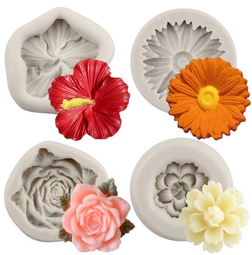 MYPRACS Set di 4 stampi in silicone a forma di fiore di ibisco, orchidea, fondente, crisantemo, fiori di ciliegio, per decorare torte, cupcake, cioccolato, caramelle, pasta di gomma