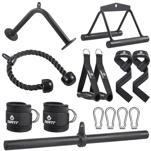 Workout Cable Machine Attachment for Home Gym, SERTT LAT Pulldown Attachments, Cable Accessories for Weight Training, Straight Bar, Tricep Rope, Double D Row Handle, V-Shaped Bar (Deluxe Version)