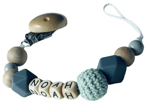 personalisierte Kette mit Namen für für Mädchen oder Junge Baby Geschenk personalisiert zur Geburt & Taufe Natur Holz Perlen (Mint)