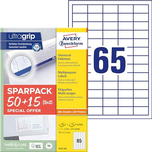 AVERY Zweckform 6121-65 Universal Etiketten (3.250 plus 975 Klebeetiketten extra, 38x21,2mm auf A4, Papier matt, individuell bedruckbar, selbstklebende Aufkleber mit ultragrip) 65 Blatt, weiß