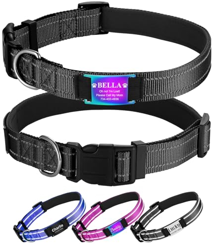 YEHANTI Personalised Dog Collars - Reflective, Adjustable Nylon with Neoprene Padded (Black, S/M/L)