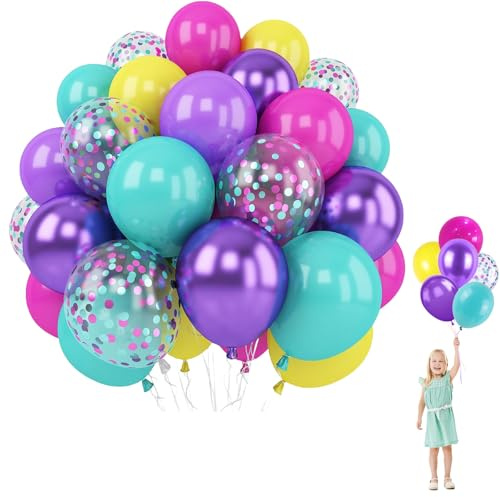 Luftballons Lila Rosenrot, 60 Stück Lila Rosen Gelb Blau Party Ballons,100% Naturlatex, Geruchlos,Luftballons Geburtstag,12 Zoll Latex ballon für Mädchen Geburtstag Hochzeit Meerjungfrau Party