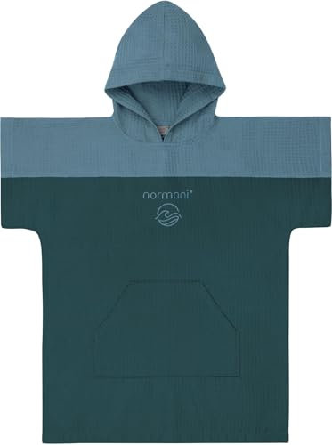 normani Kinder Badeponcho aus Waffelpique 100% Bambusviskose - Handtuch-Poncho mit Kapuze leicht und kompakt - Surfer Poncho in Europa hergestellt Farbe Petrol Größe 10-13 Jahre