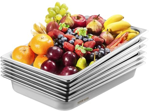 VEVOR Bac Gastronorme GN 1/1 Lot de 6, Récipient Inox pour Bain-marie 0,8 mm d'Épaisseur, Bac Inox Alimentaire 6,7 cm Profondeur, pour Fours à Convection, Réfrigérateurs, Stockage, Restauration