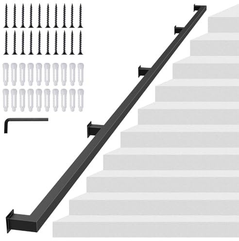 10FT/305CM Square Tube Handrail,Wall Mount Staircase Handrail Modern Pipe Stair Industrial Stair Rail for Indoor Outdoor Steps,440lbs Load,Carbon Steel Non-Slip Grab Handle for Loft Porch 4 Sections