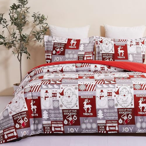 YEPINS Weihnachten Bettwäsche Rot Schneeflocken Mikrofaser Weihnachts Motiv Bettbezug mit Verdeckter Reißverschluss und Kissenbezug (Rot & Weiß, 135 x 200 cm)