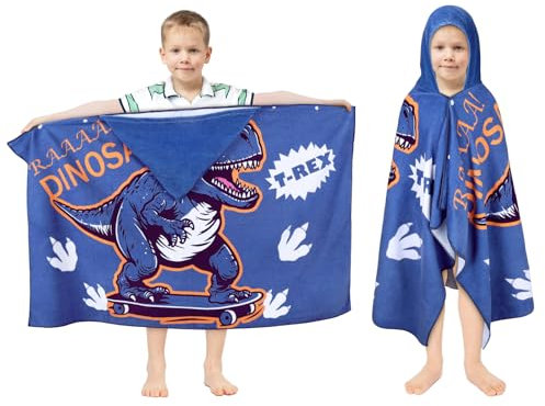 Decalsweet Badeponcho Kinder 100% Baumwolle Kapuzen-Babybadetuch, Groß Weich und Saugfähig Kinderhandtuch, Badetücher Handtuch Kapuze Strandtücher für Jungen und Mädchen, 76x 127 cm (Blau Dinosaurier)