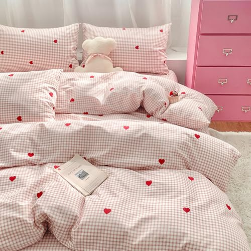 Nyescasa Housse de Couette Coeur Rouge 140x200 Rose et Blanc à Carreaux Moderne Parure de lit Adulte 1 Personne en Microfibre Housses de Couettes avec Fermeture Éclair et Taie d'oreiller 65x65 cm