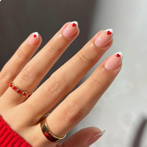 GlamRays Pack of 24 Valentine's Day Short Almond-shaped False Nails, White French Manicure with Red Heart Decorations for Women