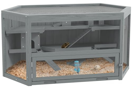 PawHut Wooden Large Hamster Cage Small Animal Exercise Play House 3 Tier with Sliding Tray, Seesaws, Water Bottle, Grey