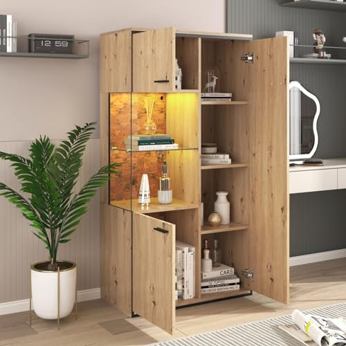 BRILVERDE Vitrine mit LED-Beleuchtung, Glasvitrine mit Einlegeböden, Moderner Bücherregalschrank, Moderner vertikaler Vitrinenschrank für Wohnzimmer, Büro, Esszimmer, Eiche, 150H x 78W x 40D cm
