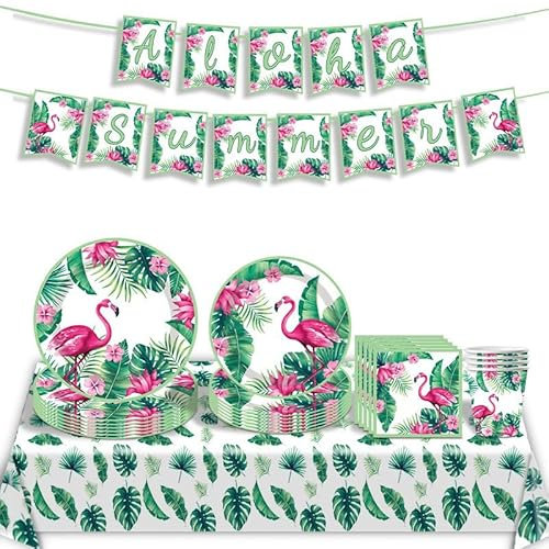 JUNBAOYYDS Flamingo Partygeschirr Set, Geburtstag Partyzubehörsets, Flamingo Partygeschirr Kindergeburtstag, Pappteller Becher Servietten für Kindergeburtstag Geburtstagsdeko 10 Gäste