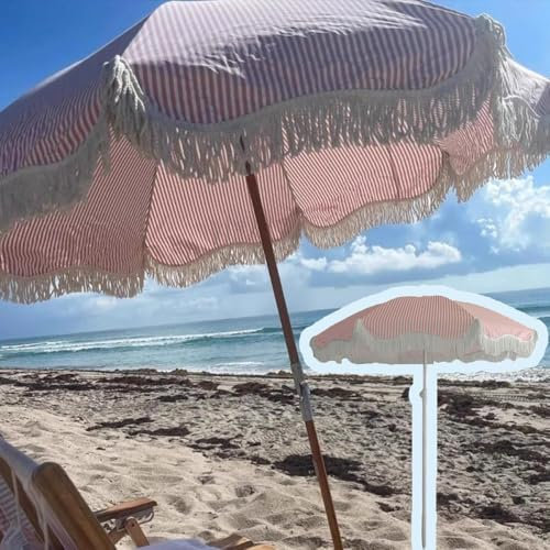 VLKLPZAHAK Parasol De Table Rose Style Bohème, Parasol De Plage 180cm avec Franges, Parasol D'extérieur À Rayures Vintage, Coupe-Vent/UPF 50+
