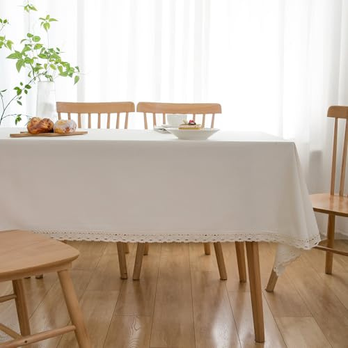 JANGYUHH Tischdecke Abwaschbar Weiß mit Spitze Outdoor Modern Leinen-Optik 100x140 cm Fleckschutz Kratzfest für Wohnzimmer, Esszimmer, Balkon, Garten