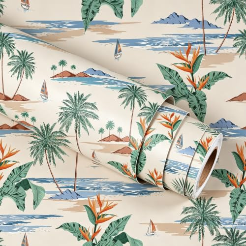 Stickyart Beige Papier Peint Tropical Palmier 44.5cmx200cm Papier Peint Adhesif Mural Motif Avec Palmier îles Petits Bateaux Rouleau Adhesif Pour Meuble Cuisine Autocollants Décoratifs Muraux Stickers