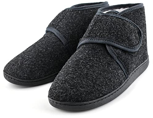 TIESTRA Mens Boots Slippers Winter Warm Fuzzy Cozy Memory Foam Hook & Loop House Shoes Diabetic Edema Swollen Indoor Outdoor Slip On Slipper comfortable Adjustable Bootie Grey EU46/US13