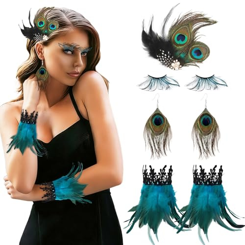 shallyong Pfau Kostüm Damen Set, Pfau Kopfschmuck und Künstliche Wimpern, Ohrringe, Feder Armbänder, Pfau Themen Outfit Accessoires für Karneval, Mottoparty, Cosplay