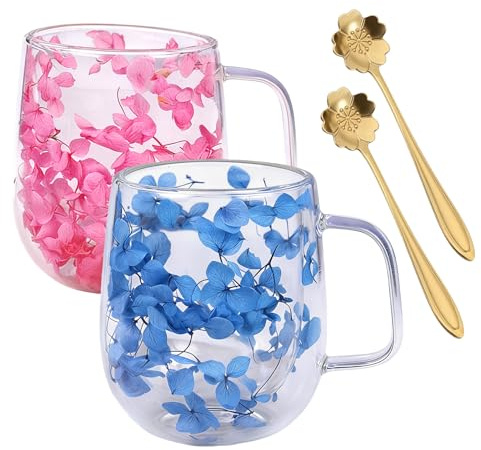 Lot De 2 350ML Tasse Verre Double Paroi,Tasse Double Paroi Avec Fleurs Séchées Avec Cuillère,Tasses Double Paroi Avec Fleurs Séchées,Tasse En Verre À Double Paroi Pour Latte,Cappuccino,Bleu+Rose