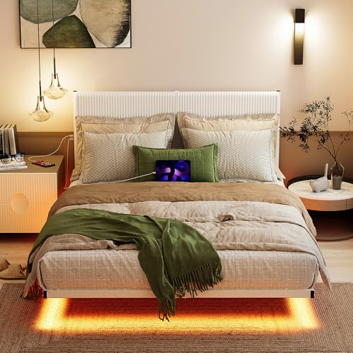 ARFARLY Bettgestell 120 x 200 cm mit Kopfteil schwebender visueller Effekt, Bett mit LED-Beleuchtung, Ladestation, jugendbett Doppelbett,Weiß