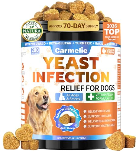 Yeast Infection Treatment for Dogs 200 Chew, Itch Ear Paw Skin Coat Support | Carmelie Yeast Balance Healthy Itch Relief, Ear Paw Care for Dog, Allergy Inflammation Relief, Chicken Flavor 70 Day