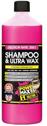 Power Maxed Car Shampoo & Ultra Wax 1L – High Foam Car Wash with Carnauba Wax – pH Balanced Vehicle Cleaning Shampoo for Gloss Finish – Safe for Paint, Plastic, Rubber & Glass