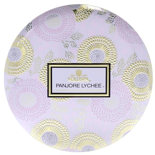 Voluspa Panjore Lychee, 3 Wick Tin Candle, 12 ounce, 40 Hour Burn Time, Coconut Wax for Clean Burning, Handcrafted in the USA