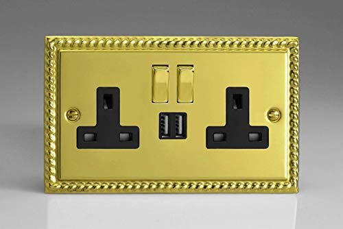 VARILIGHT Georgian Brass Classic Double Socket with 2 x 12W Shared USB A Charging Ports XG5U2SDB