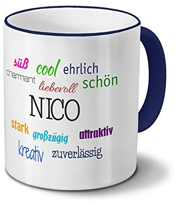printplanet Tasse mit Namen Nico - Positive Eigenschaften von Nico - Namenstasse, Kaffeebecher, Mug, Becher, Kaffeetasse - Farbe Blau