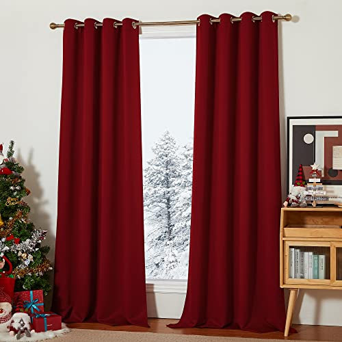 PONY DANCE Übergardinen Wohnzimmer Thermovorhang Hitzeschutz Ösenschal 2er Set H 260 x B 140 cm Verdunkelungsvorhang Extra Lange Gardinen und Vorhänge Blickdicht Rot