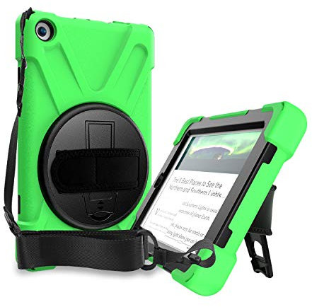 QYiD Kindle Fire 7 2019/2017, Heavy Duty Antiurto Rigido Protettiva Cover con 360 Supporti Girevoli/Cinturino a Mano, Tracolla per Kindle Fire 7 inch Tablet 9th/7th Generation, Verde