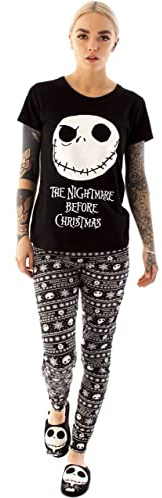 Disney Nightmare Before Christmas Jack Skellington Pyjama Damen - Kurzarm | Vanilla Underground, Gesichtsgrafik Top, Schneeflocken Leggings, Halloween Pyjama, Weihnachten, Geschenk für Sie