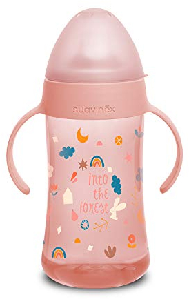 Suavinex, Vaso Aprendizaje Bebé con Boquilla de Silicona Suave y Asas, Biberón con Asas Second, con Sistema Anticólico y Tapa Protectora, 270 ml, para Bébés +4 Meses, Apto Lavavajillas, Rosa