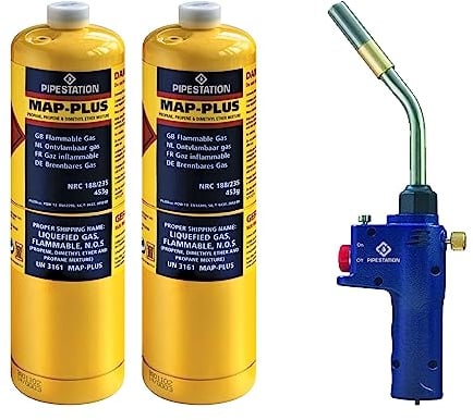 Super Instant Fire TT2000 Blow Torch and 2 x Mapp+ Gas Cylinder | Blowtorch & Map Gas Canisters for Soldering Brazing Thawing Heat Treatment | Gas Blow Torch Plus Gas Map+ Gas Included|by Pipestation
