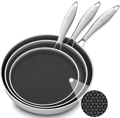 LOLYKITCH 8-10-12 Inch Hybrid Tri-Ply Stainless Steel Non-Stick Frying Pan Set of 3,Skillets,Induction Cooking Pans,Pots and Pans Set,Dishwasher and Oven Safe,Detachable Handle.
