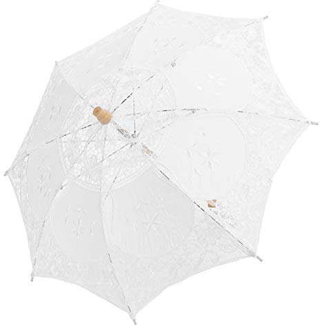 Fdit Kleiner Spitzenregenschirm, Sonnenschirm Vintage Hochzeit Brautschirmgriff Dekoration für Fotokostüm Partybedarf(L-weiß)