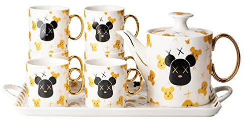 Iced Tea Pitchers Cold Water Pitcher Set With Cup Cute Coffee Pot Ceramic Tea Set With Tray 6 Cups Drinkware For Juice Tea Ice Water Beverage Water Jug Hot Cold Iced Pitcher ( Color : Yellow )