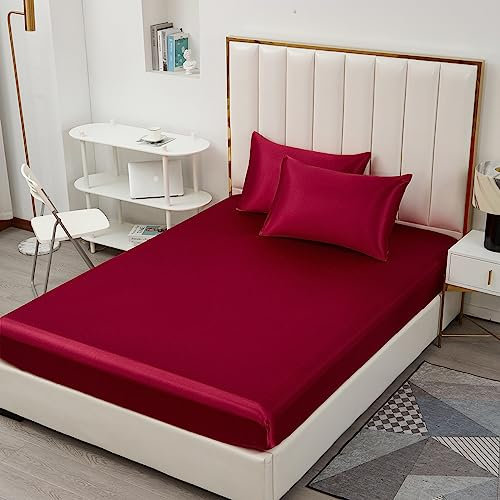 Michorinee Satin Spannbettlaken 200x200cm Weinrot Glatt Seide Glanzsatin Bettlaken Boxspringbett Topper Microfaser Spannbetttuch für Matratze bis 25 cm