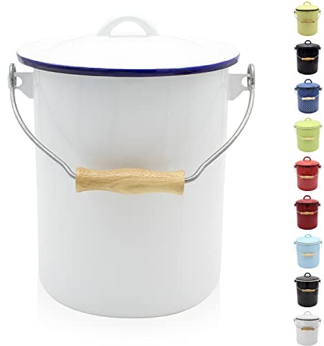 KRÜGER Rubbish Bin with Lid - Steel Waste Bin with Enamel Coating and Wooden Handle - Cut and Scratch Resistant Surface - Durable and Versatile (3 Litres, White)