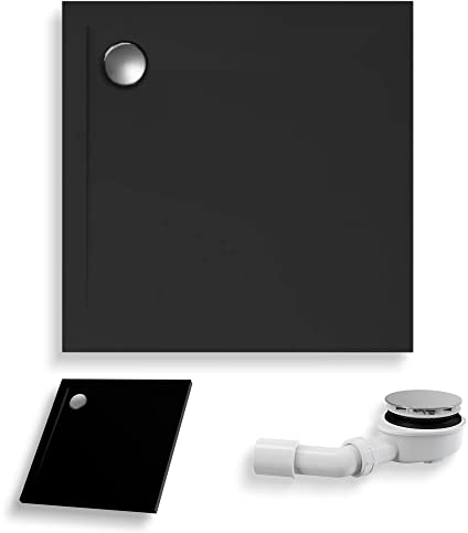 KOLMAN Duschwanne 100x100 cm Quadratisch, Schwarz, Acryl, Flach, Steinoptik, Ablaufgarnitur Ø 90 mm, Design-Duschtasse Viereck Geos