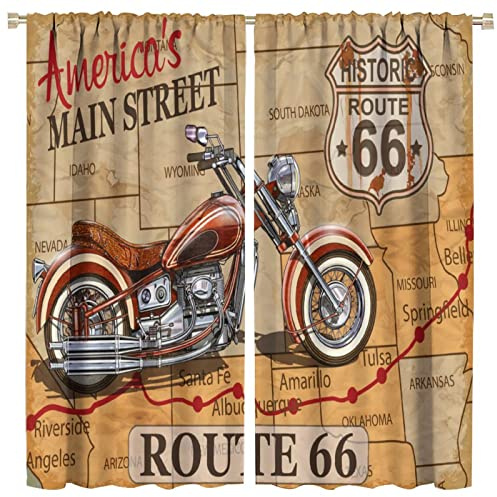 GoDazzling Antike Motorrad-Verdunkelungsvorhänge, Fenster, altes klassisches Auto-Thema, USA-Karte, Route 66, Vorhänge, für Wohnzimmer, Schlafzimmer, 106,7 x 114,3 cm, 2 Paneele