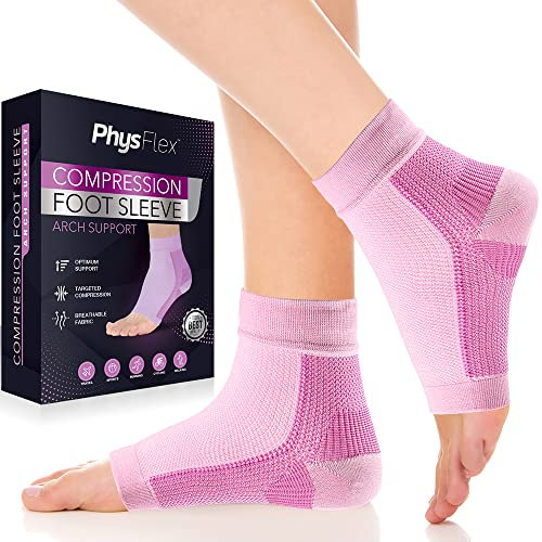 PhysFlex Compression Socks for Plantar Fasciitis, Achilles Tendonitis Relief - (1 Pair) Ankle Compression Sleeve for Heel Spurs, Foot Swelling & Fatigue - Arch Support Brace for Everyday Use