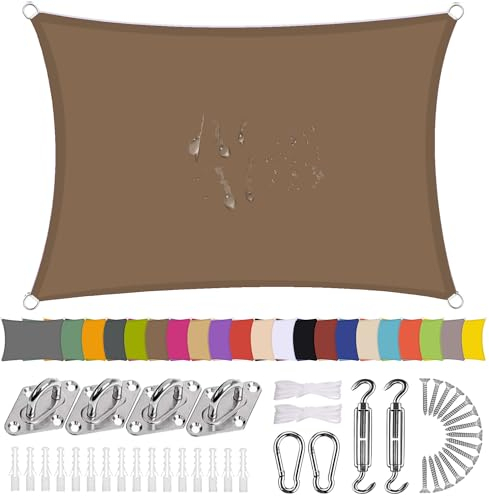 Sonnensegel Rechteck 1 x 2m Wasserdicht Sonnenschutz Balkon Terrasse mit Montagezubehör PES Polyester 98% UV-Schutz Reißfest Wetterfest für Garten Outdoor,Kaffee
