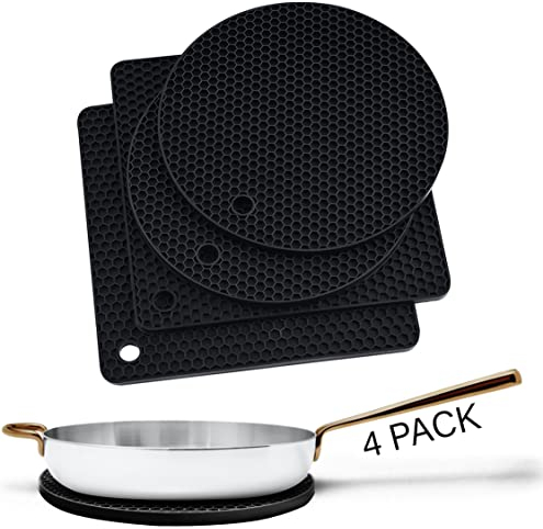 Silicone Trivets for Hot Pans and Pots (2 Pack) -Multipurpose Silicone Heat Resistant Mat and Pot Holder Trivet -Heatproof Mats for Kitchen by Linda's Essentials 2 Round 17.7cm + 2 Square 18.5cm-Black