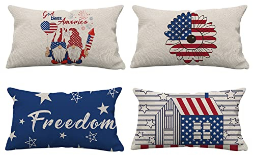 BOFKYIC 4. Juli Dekorationen Kissenbezüge 30,5 x 50,8 cm Unabhängigkeitstag Gedenktag Set mit 4 amerikanischen Flagge Sterne und Streifen Zwerg patriotische Wurfkissenbezüge USA Freiheit Kissen Dekor