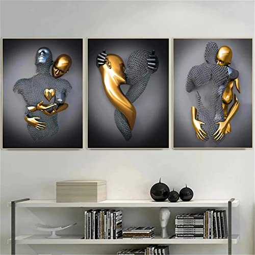 fikujap 3er Kunst Modern Poster Set - 3D Grau Gold Metallfigur Statue Kunst Liebe Herz Umarmungen Kuss Bilder Wandkunst Deko - Ohne Rahmen - Wanddeko Wand Wohnzimmer (50x70cm)
